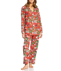 Printfresh Woven Organic Cotton Meowy Christmas Print Long Sleeve Notch Collar Long Pajama Set