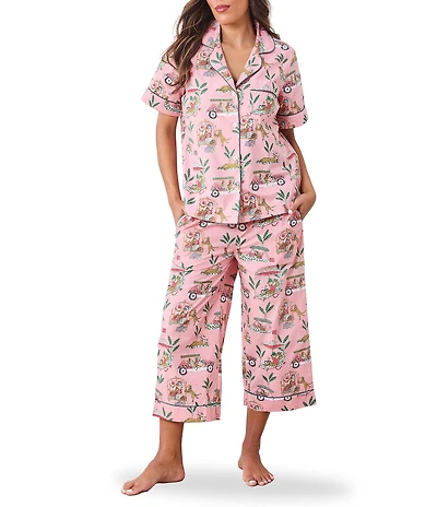 Printfresh Woven Organic Cotton Poplin Cabana Cats Print Short Sleeve Notch Collar Cropped Pajama Set