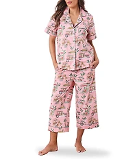 Printfresh Woven Organic Cotton Poplin Cabana Cats Print Short Sleeve Notch Collar Cropped Pajama Set