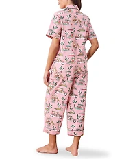 Printfresh Woven Organic Cotton Poplin Cabana Cats Print Short Sleeve Notch Collar Cropped Pajama Set