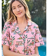 Printfresh Woven Organic Cotton Poplin Cabana Cats Print Short Sleeve Notch Collar Cropped Pajama Set