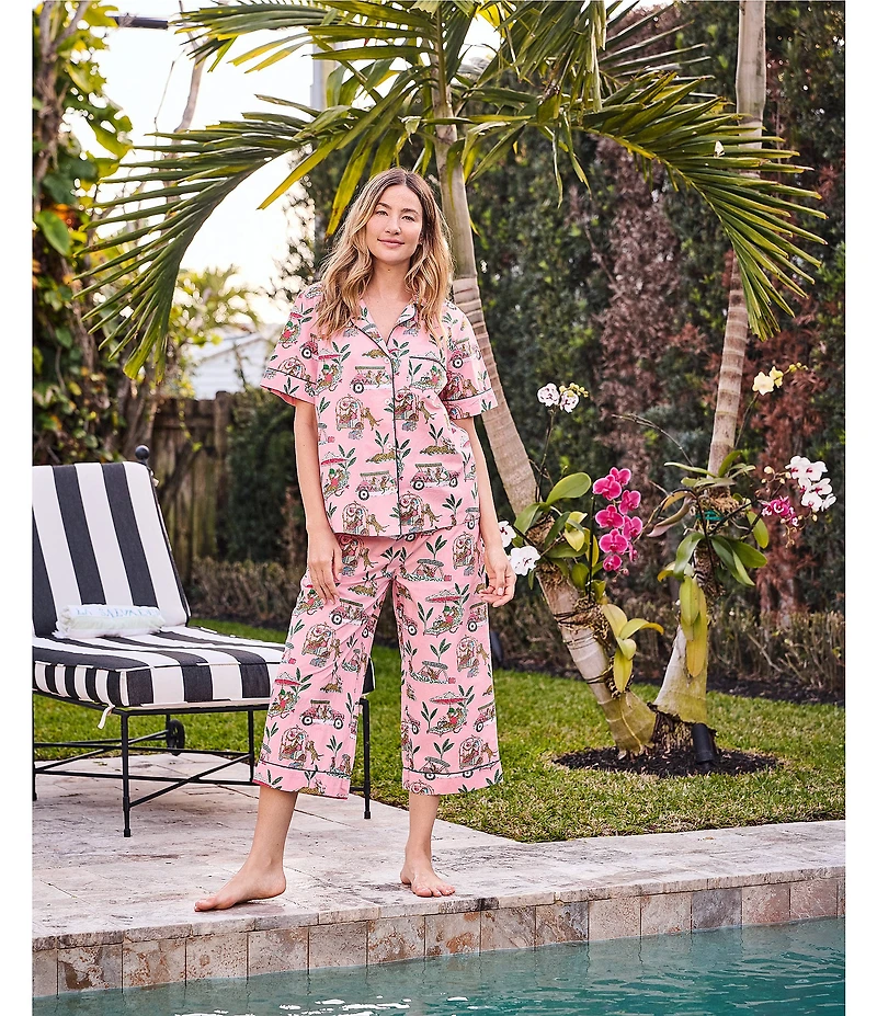 Printfresh Woven Organic Cotton Poplin Cabana Cats Print Short Sleeve Notch Collar Cropped Pajama Set