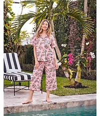 Printfresh Woven Organic Cotton Poplin Cabana Cats Print Short Sleeve Notch Collar Cropped Pajama Set