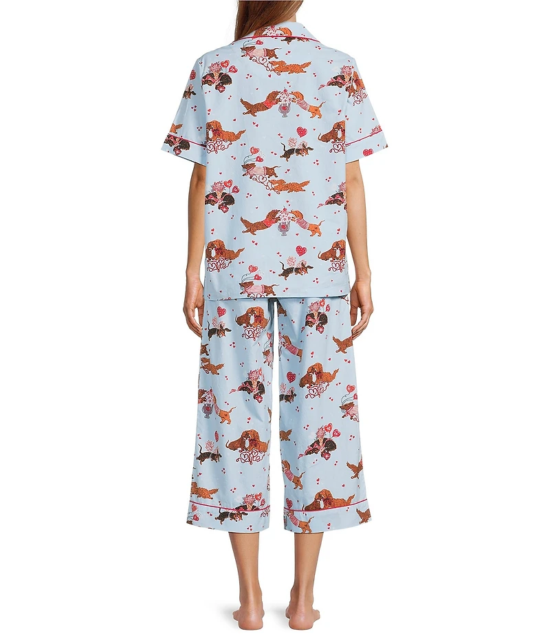Printfresh Woven Organic Cotton Poplin Dog Date Print Short Sleeve Notch Collar Cropped Valentine's Day Pajama Set