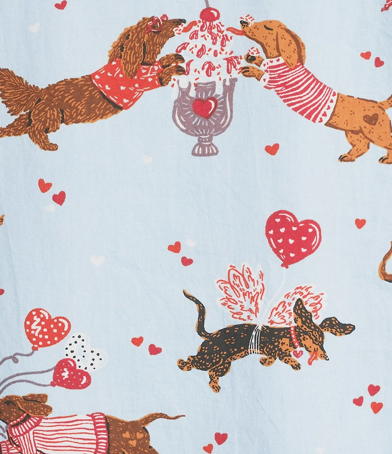 Printfresh Woven Organic Cotton Poplin Dog Date Print Short Sleeve Notch Collar Cropped Valentine's Day Pajama Set