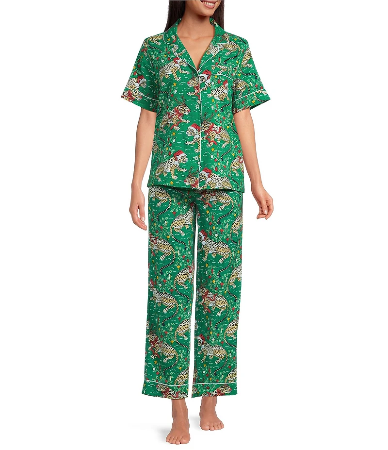 Printfresh Woven Organic Cotton Poplin Holiday Bagheera Leopard Print Short Sleeve Notch Collar Long Holiday Pajama Set