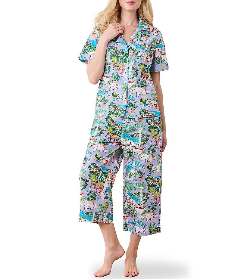 Printfresh Woven Organic Cotton Poplin Mediterranean Meows Short Sleeve Notch Collar Cropped Pajama Set