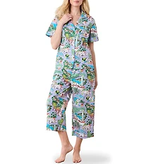 Printfresh Woven Organic Cotton Poplin Mediterranean Meows Short Sleeve Notch Collar Cropped Pajama Set