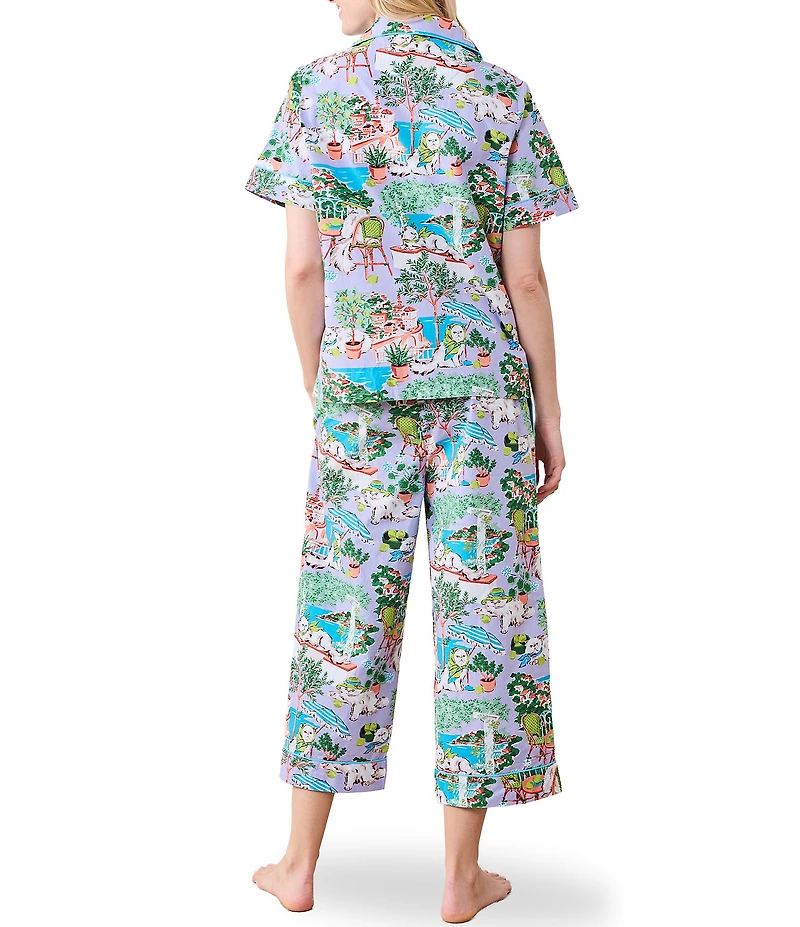 Printfresh Woven Organic Cotton Poplin Mediterranean Meows Short Sleeve Notch Collar Cropped Pajama Set