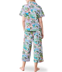 Printfresh Woven Organic Cotton Poplin Mediterranean Meows Short Sleeve Notch Collar Cropped Pajama Set