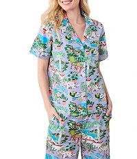 Printfresh Woven Organic Cotton Poplin Mediterranean Meows Short Sleeve Notch Collar Cropped Pajama Set