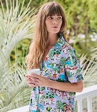 Printfresh Woven Organic Cotton Poplin Mediterranean Meows Short Sleeve Notch Collar Cropped Pajama Set
