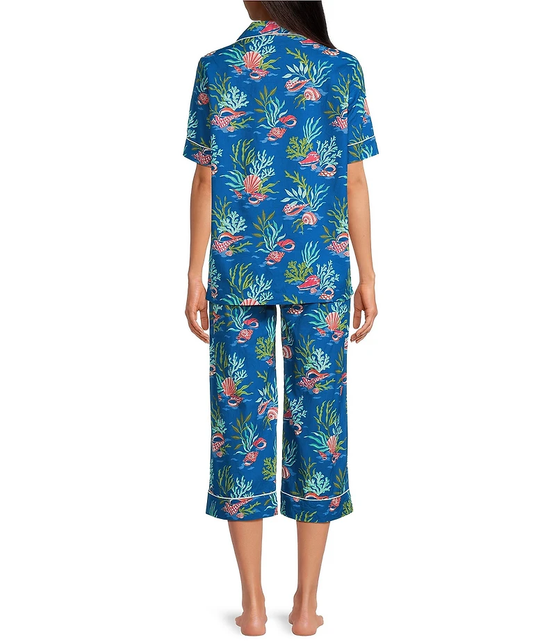 Printfresh Woven Organic Cotton Poplin Ocean Breeze Print Short Sleeve Notch Collar Cropped Pajama Set