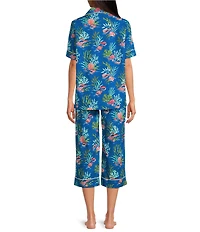Printfresh Woven Organic Cotton Poplin Ocean Breeze Print Short Sleeve Notch Collar Cropped Pajama Set