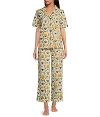 Printfresh Woven Organic Cotton Poplin Sweet Bee Print Short Sleeve Notch Collar Cropped Pajama Set
