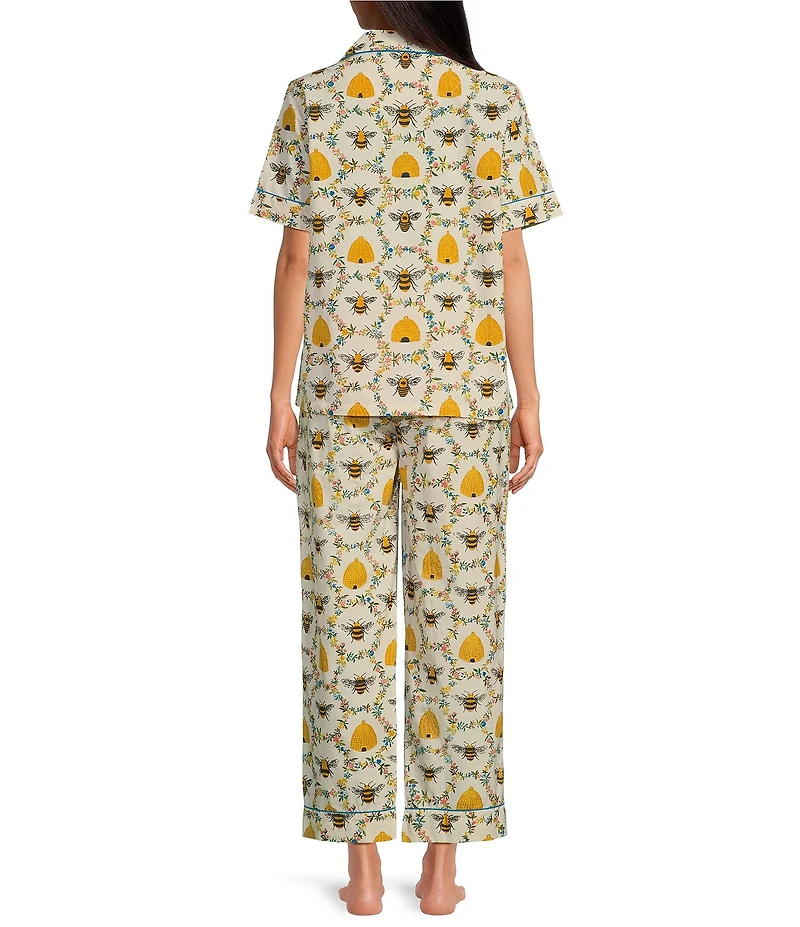 Printfresh Woven Organic Cotton Poplin Sweet Bee Print Short Sleeve Notch Collar Cropped Pajama Set