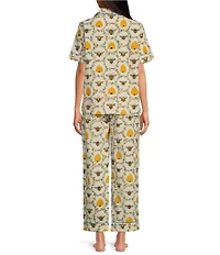 Printfresh Woven Organic Cotton Poplin Sweet Bee Print Short Sleeve Notch Collar Cropped Pajama Set