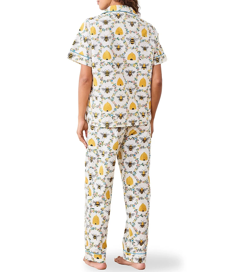 Printfresh Woven Organic Cotton Poplin Sweet Bee Print Short Sleeve Notch Collar Cropped Pajama Set