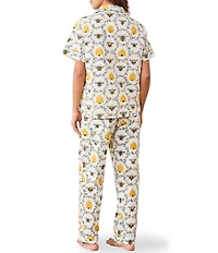 Printfresh Woven Organic Cotton Poplin Sweet Bee Print Short Sleeve Notch Collar Cropped Pajama Set
