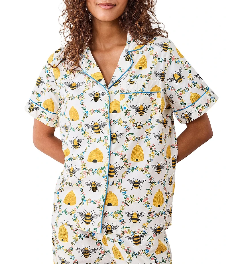Printfresh Woven Organic Cotton Poplin Sweet Bee Print Short Sleeve Notch Collar Cropped Pajama Set