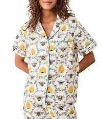 Printfresh Woven Organic Cotton Poplin Sweet Bee Print Short Sleeve Notch Collar Cropped Pajama Set