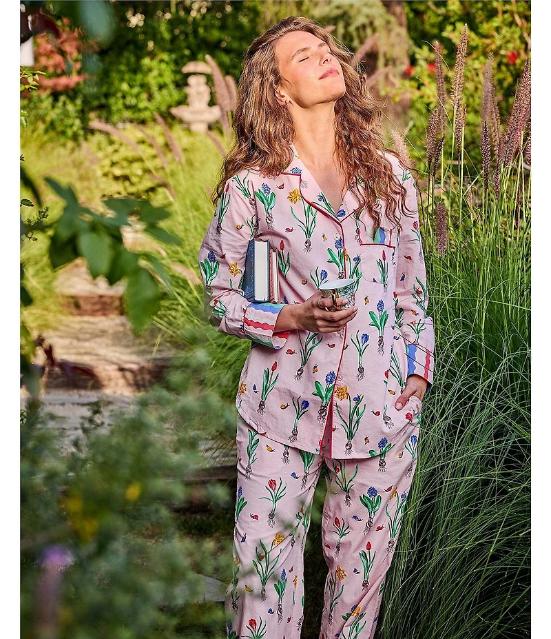 Printfresh Woven Organic Cotton Tulip Trail Long Sleeve Notch Collar Long Pajama Set