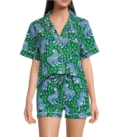 Printfresh Woven Tiger Queen Print Organic Cotton Short Sleeve Notch Collar Shorty Pajama Set