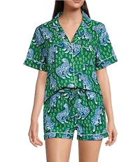 Printfresh Woven Tiger Queen Print Organic Cotton Short Sleeve Notch Collar Shorty Pajama Set
