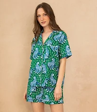 Printfresh Woven Tiger Queen Print Organic Cotton Short Sleeve Notch Collar Shorty Pajama Set