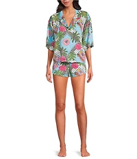 Printfresh x Barbie Short Sleeve Notch Collar Retro Relaxation Woven Sateen Thermoregulating Shorty Pajama Set