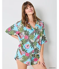 Printfresh x Barbie Short Sleeve Notch Collar Retro Relaxation Woven Sateen Thermoregulating Shorty Pajama Set