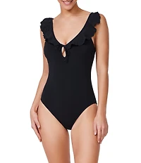 Profile by Gottex Bachelorette Solid Ruffle Tie Front V-Neck Tank One Piece Swimsuit