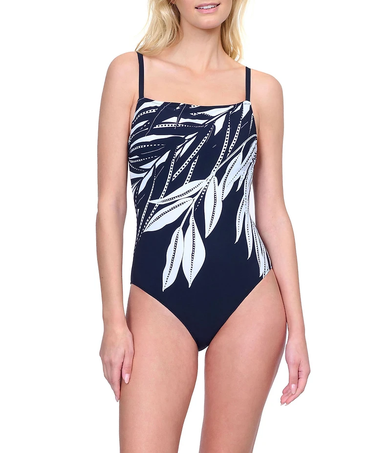 Gottex Nature's Beauty Tropical Leafy Print Squre Neck Lingerie Strap Underwire One Piece Swimsuit