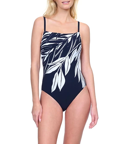 Gottex Nature's Beauty Tropical Leafy Print Squre Neck Lingerie Strap Underwire One Piece Swimsuit