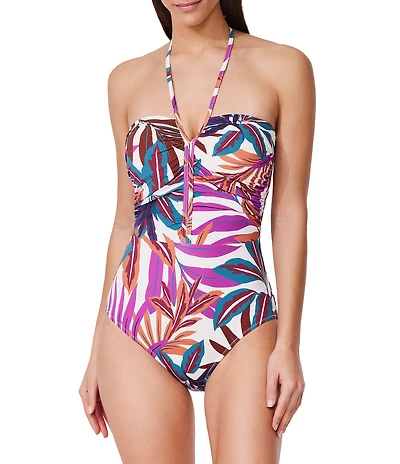 Profile By Gottex Plantopia Tropical Halter Neck Tummy Control Bandeau One Piece Swimsuit