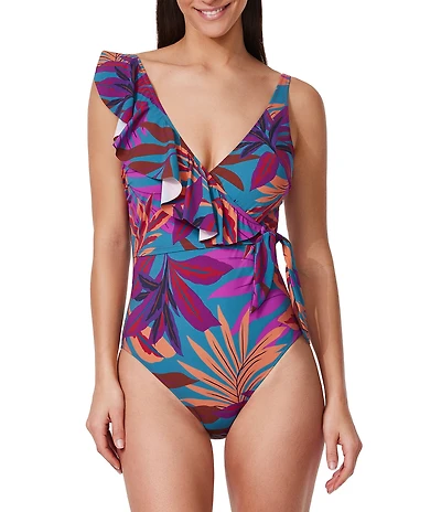Profile By Gottex Plantopia Tropical Paradise Ruffle V-Neck Tummy Control Surplice One Piece Swimsuit