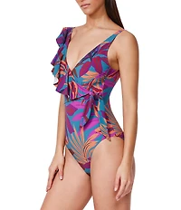 Profile By Gottex Plantopia Tropical Paradise Ruffle V-Neck Tummy Control Surplice One Piece Swimsuit