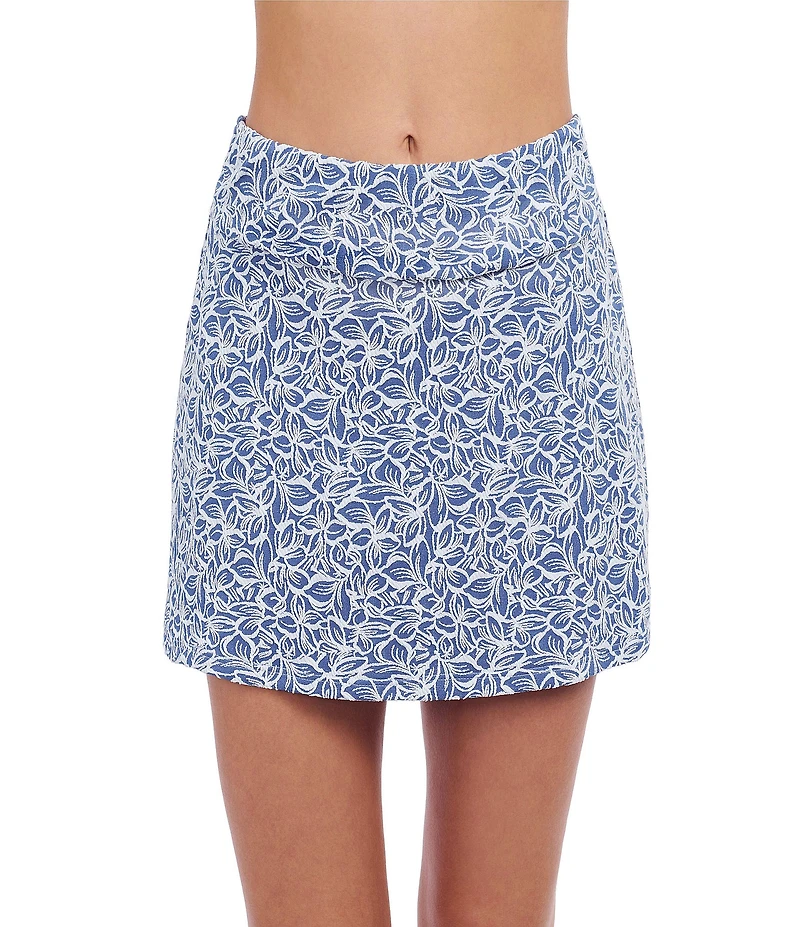 Profile by Gottex Plumeria Texture Knit Leafy Print High Waist Pull-On Skirted Swim Cover-Up