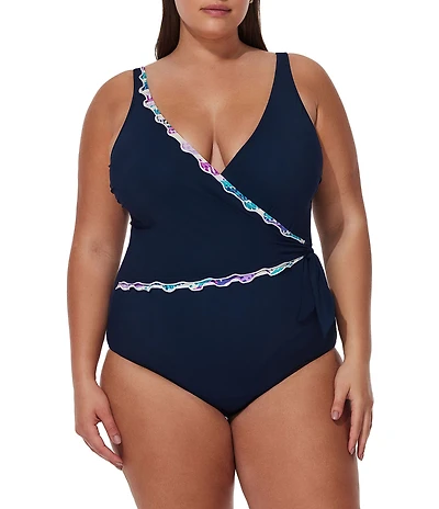 Profile By Gottex Plus Size Canva V-Neck Ruffle Trim Side Tie Surplice One Piece Swimsuit