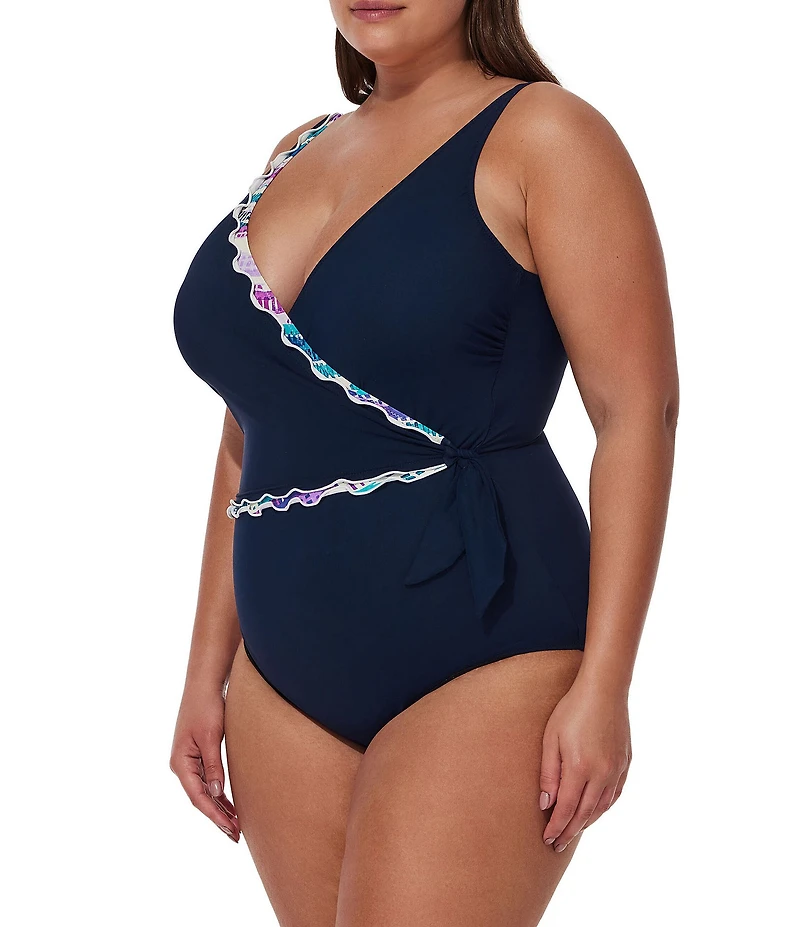 Profile By Gottex Plus Size Canva V-Neck Ruffle Trim Side Tie Surplice One Piece Swimsuit