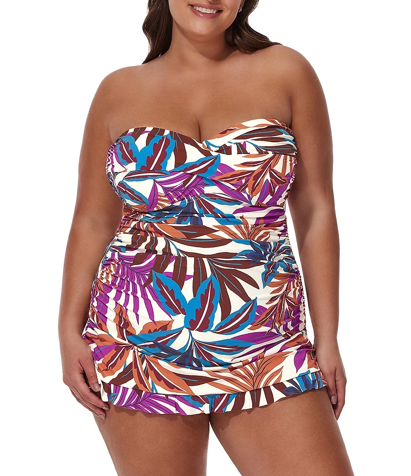 Profile By Gottex Plus Size Plantopia Bandeau Neck Tummy Control One Piece Swim Dress