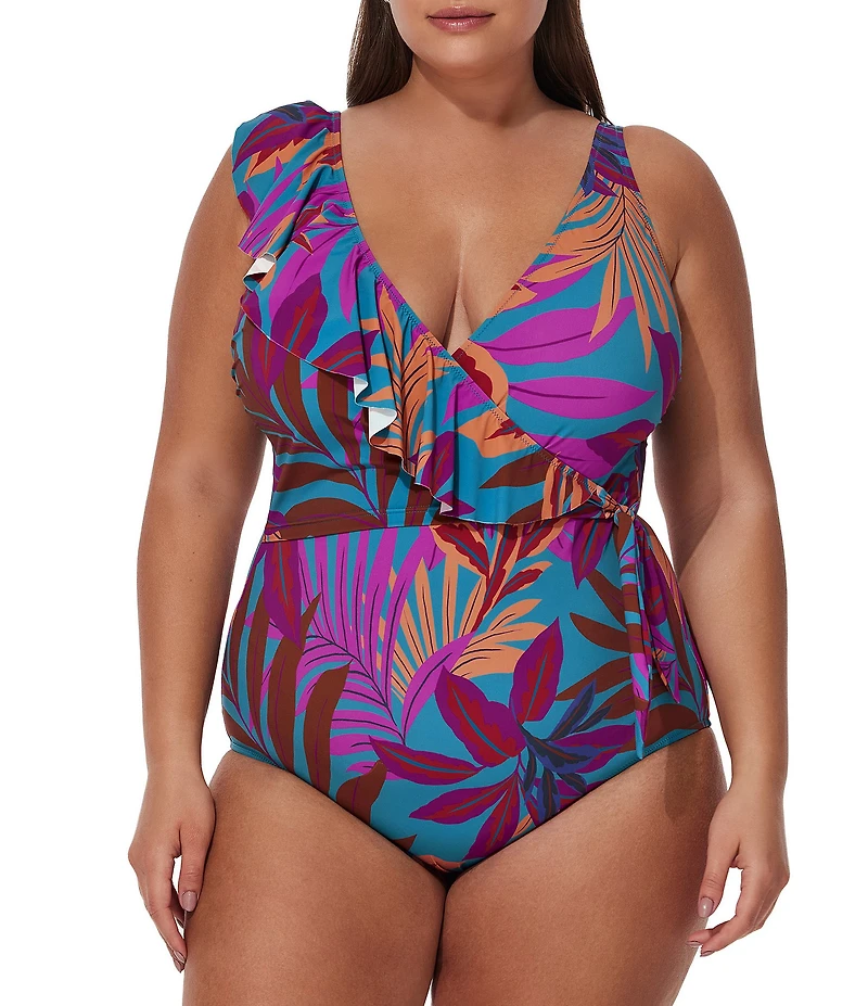 Profile by Gottex Plus Size Plantopia V-Neck Ruffle Trim Surplice One Piece Swimsuit