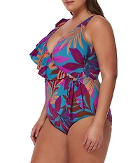 Profile by Gottex Plus Size Plantopia V-Neck Ruffle Trim Surplice One Piece Swimsuit