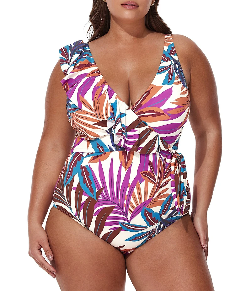 Profile by Gottex Plus Size Plantopia V-Neck Ruffle Trim Surplice One Piece Swimsuit
