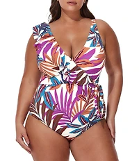 Profile by Gottex Plus Size Plantopia V-Neck Ruffle Trim Surplice One Piece Swimsuit