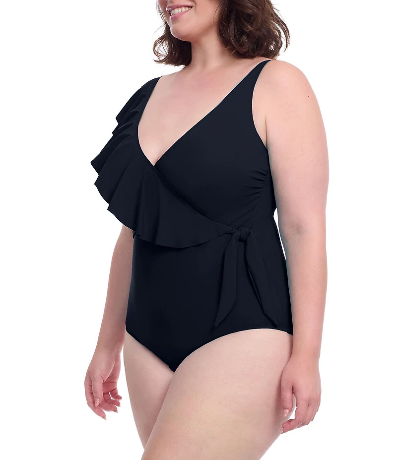 Profile by Gottex Plus Size Tutti Frutti V-Neck Ruffle Side Tie Surplice One Piece Swimsuit