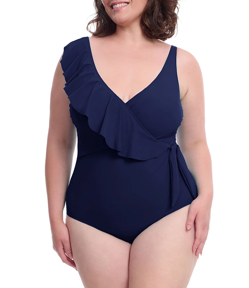 Profile by Gottex Plus Size Tutti Frutti V-Neck Ruffle Side Tie Surplice One Piece Swimsuit