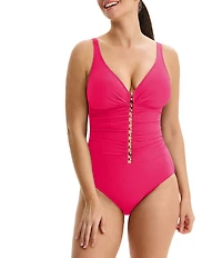 Profile by Gottex Tutti Frutti Gold Beaded Plunge V-Neck D-Cup Bra Size Tummy Control One Piece Swimsuit