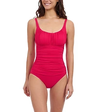 Profile by Gottex Tutti Frutti Solid Scoop Neck Shirred Bust Tummy Control One Piece Swimsuit