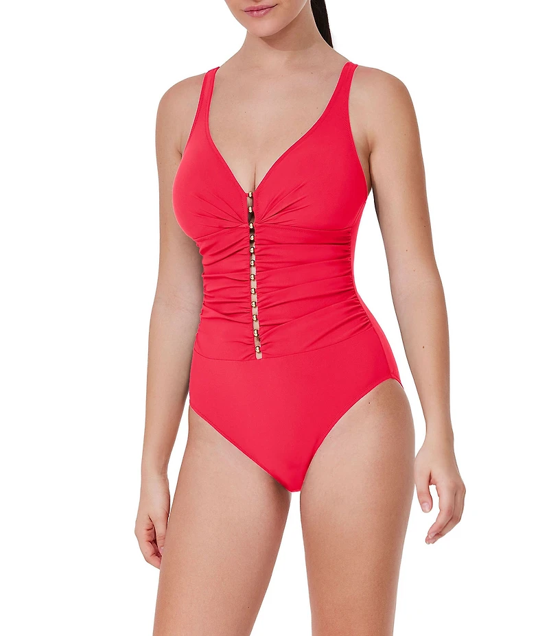 Profile by Gottex Tutti Frutti V-Neck Gold Beaded Ladder D-Cup Tank One Piece Swimsuit